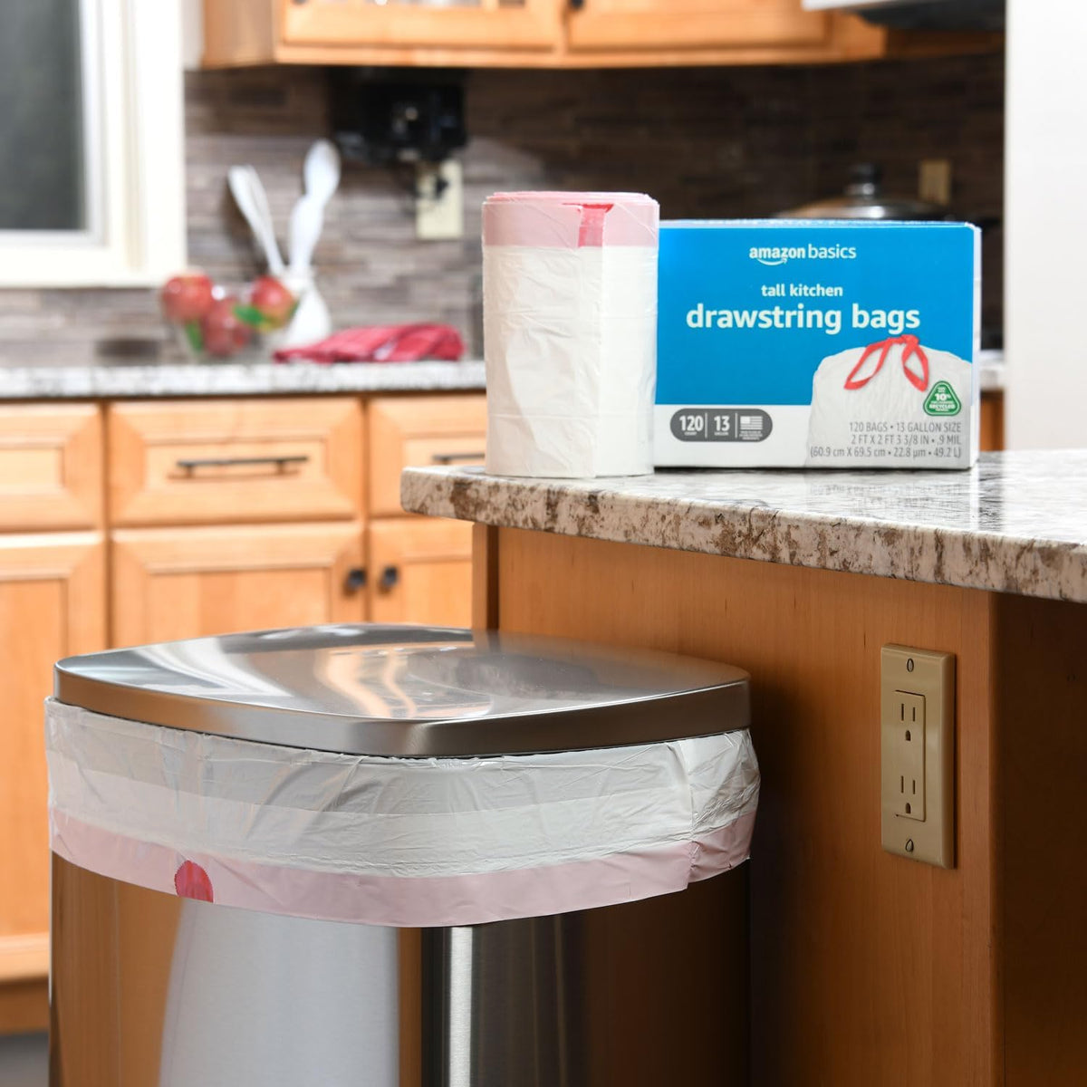 Amazon Basics 13 Gallon Tall Kitchen Drawstring Trash Bags, Unscented, 10% Post Consumer Recycled