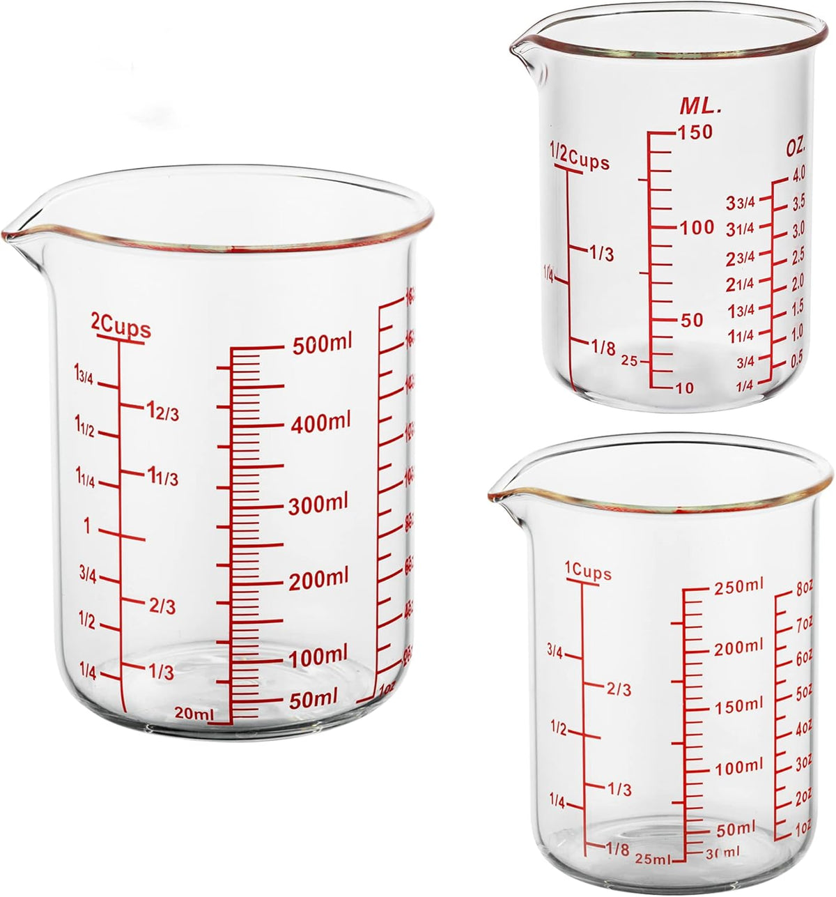 3 Piece Glass Measuring Cup Set, Includes 1/2-Cup, 1-Cup, and 2-Cup High Borosilicate Glasss Liquid