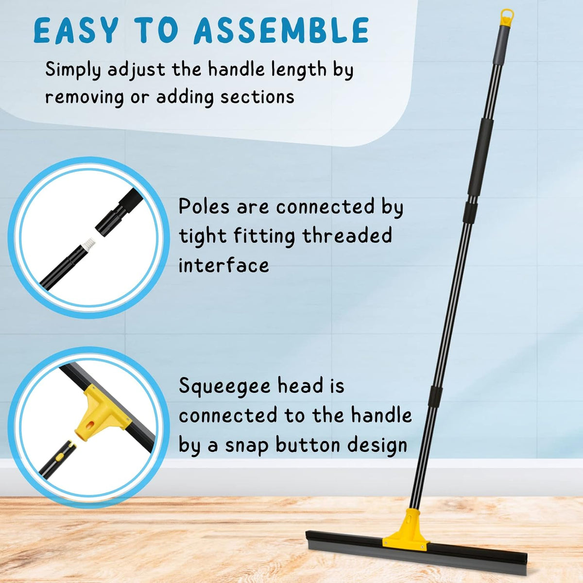 Floor Squeegee for Concrete and Tile Cleaning, 24'' Rubber Wiper Broom, Large Heavy Duty Water