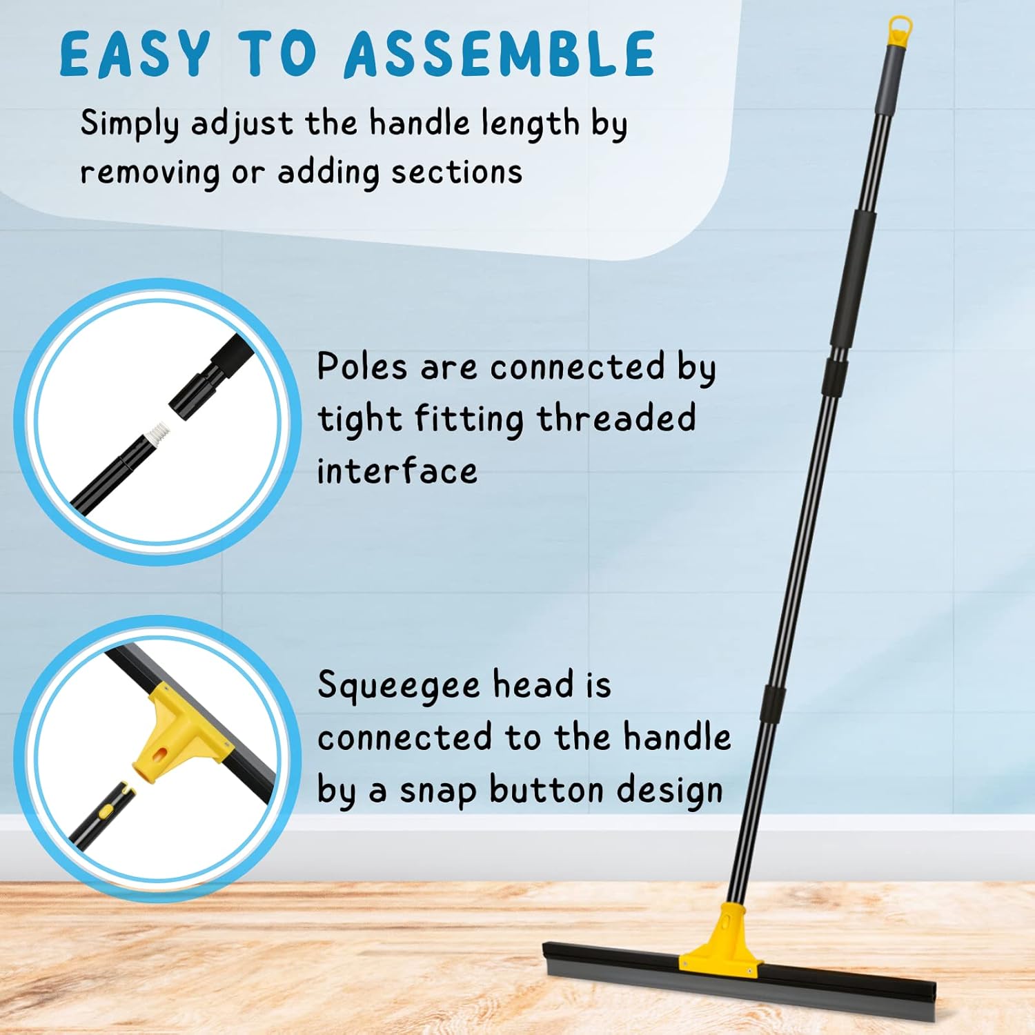 Floor Squeegee for Concrete and Tile Cleaning, 24'' Rubber Wiper Broom, Large Heavy Duty Water