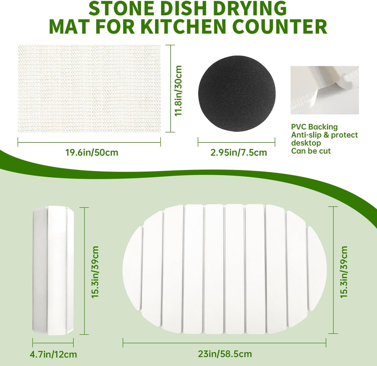 Stone Drying Mat for Kitchen Counter Oval, 23.62"x15.35", Collapsible Quick Dry Dish Drying Mat