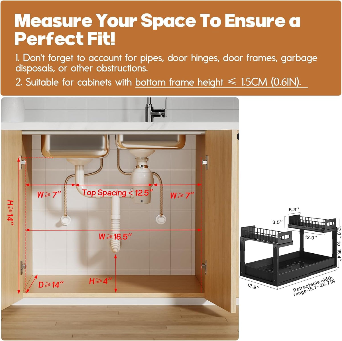 1 Pack-15.7"-25.7"W Expandable Under Sink Organizer With Upgrade Ball-Bearing Slide,2-Tier Pull Out