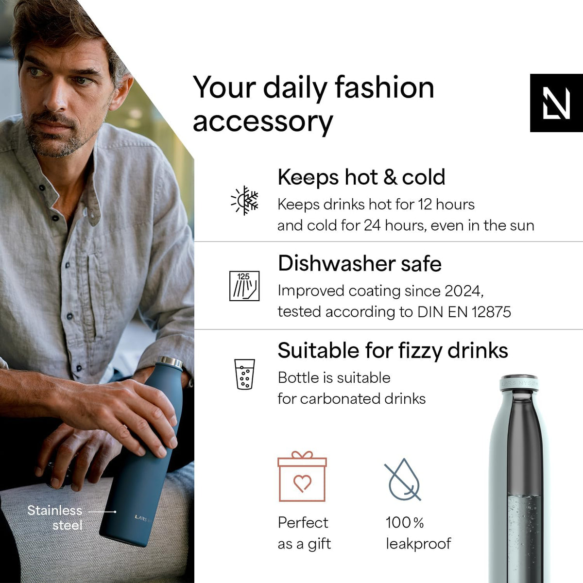 LARS NYSØM Stainless Steel Insulated Water Bottle 12oz 17oz 25oz 34oz 51oz | Insulated Thermo Flask