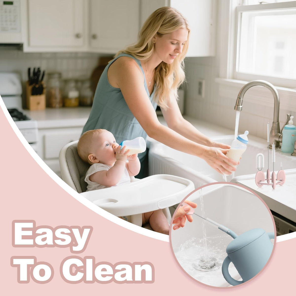 YOTIME Standing Straw Cleaner Brush Set, 4in1 Reusable Straw Brushes with Holder Ring, for Baby