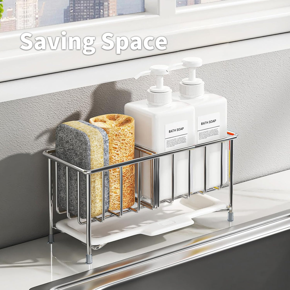 Kitchen Sink Sponge Holder, 304 Stainless Steel Soap Dispenser Caddy Organize, Kitchen Sink Brush