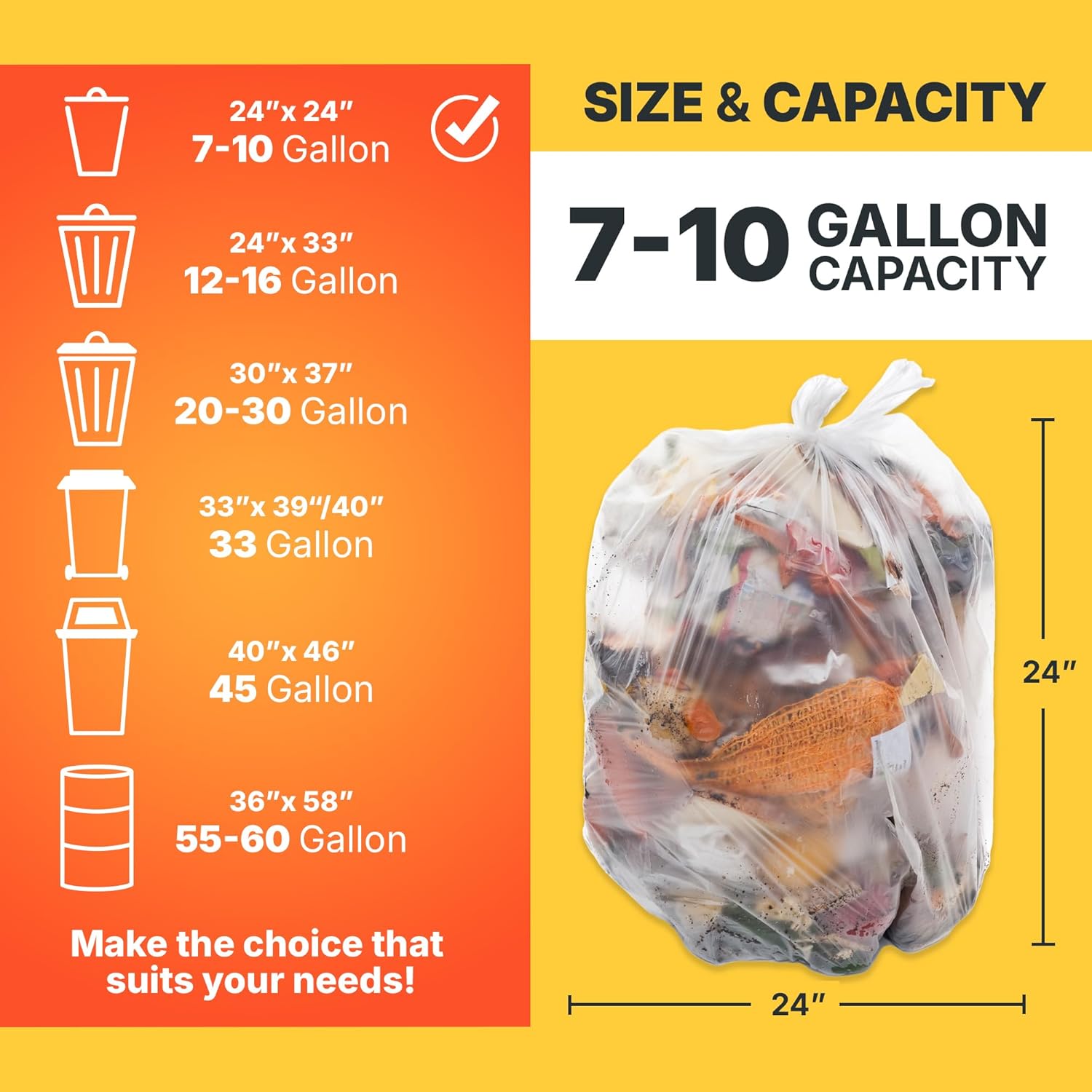 7-10 Gallon Trash Bags, 8 Micron High Density Garbage Can Liners Bulk, 24" x 24", Natural Clear