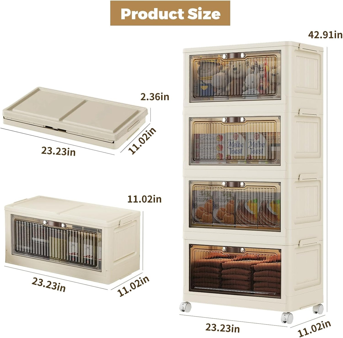 4 Tier - 48QT Storage Bins with Lids, Collapsible Storage Bins with Doors and Wheels, Plastic