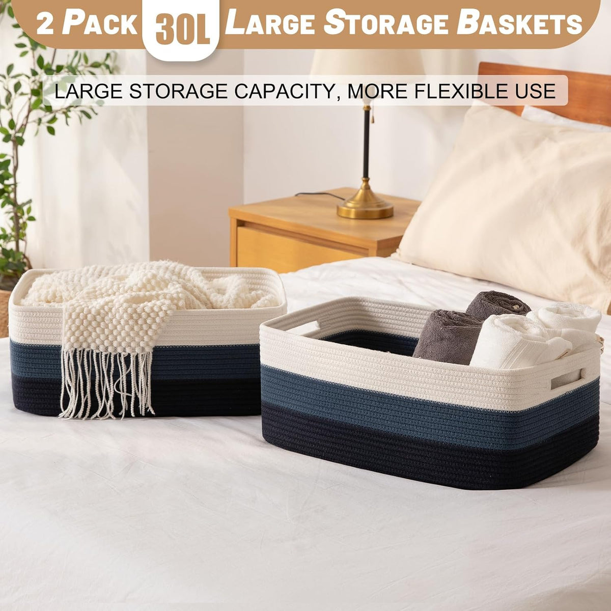 Large Storage Basket for Organizing, Woven Rope Basket for Shelves, Closet Organizer Bins for