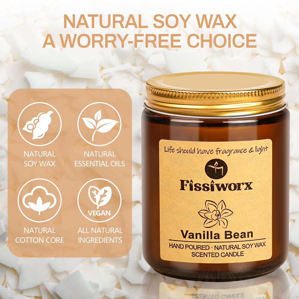 Fissiworx Vanilla Scented Candle Set 2 Pack, Candle for Home Scented, Odor Eliminating, Stress