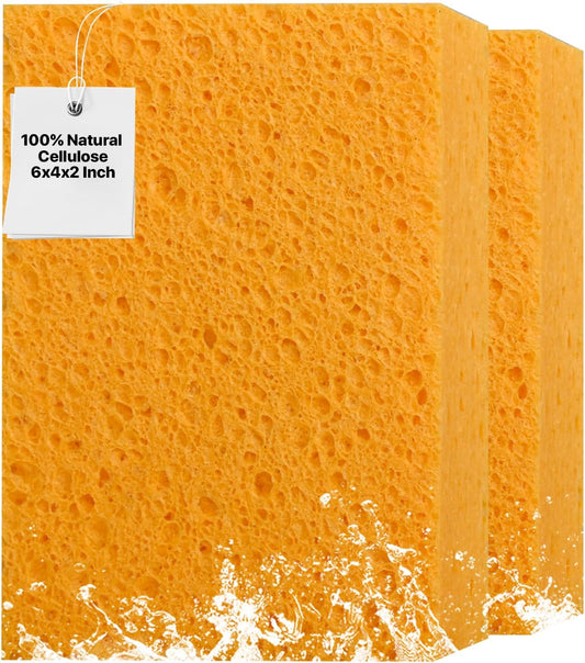 2 PCS Large Natural Cellulose Sponges 6x4x2 Inch - Super Absorbent and Biodegradable, Perfect for