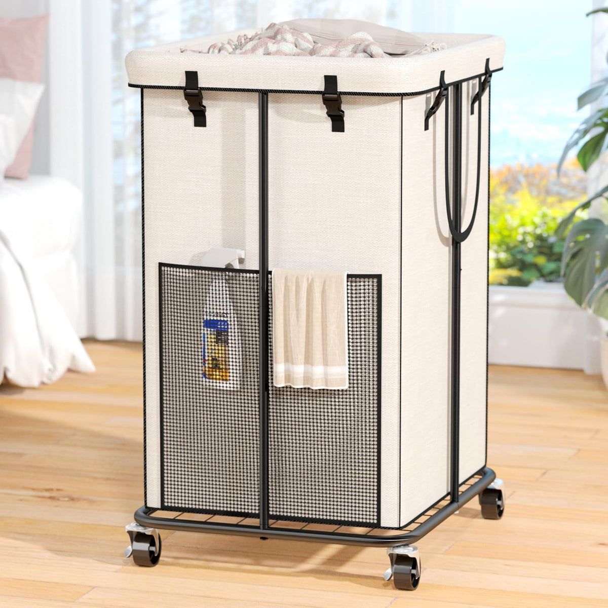 150L Laundry Hamper with Wheels, Rolling Laundry Basket with Metal Frame and Removable Bag, Large &