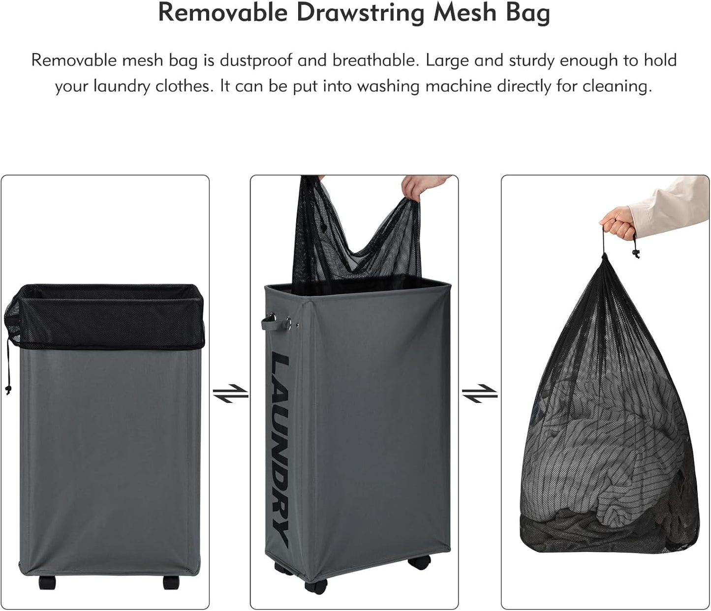 DOKEHOM 29-Inches Enlarged Slim Laundry Basket with Removable Wash Bag on Wheels, Collapsible