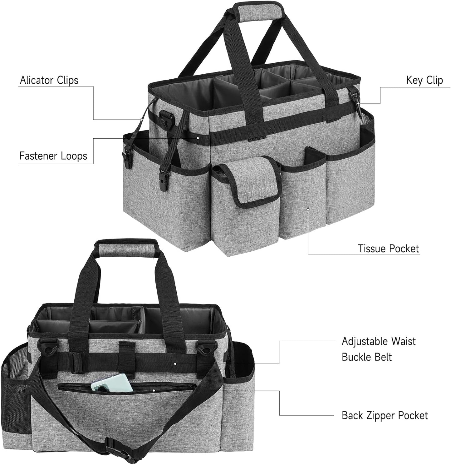 Cleaning Caddy Bag,Large Cleaning Supplies Organizer with Handle for Housekeepers,Gray