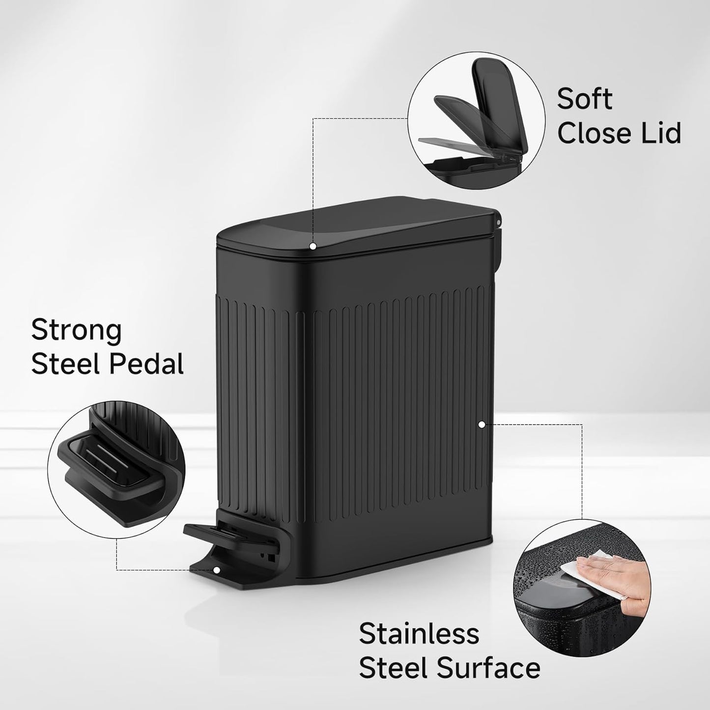 TIPGO Slim Bathroom Trash Can with Lid Soft Close, Step Pedal, 6 Liter / 1.6 Gallon Stainless Steel