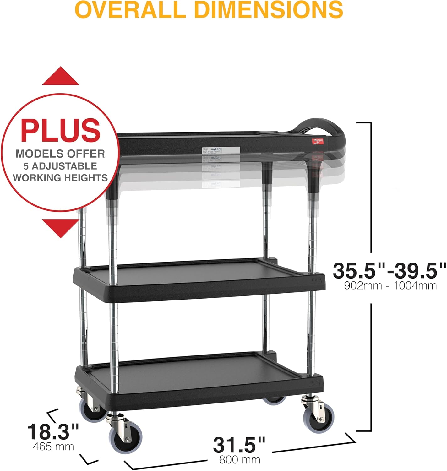 Metro myCart Plus Utility Cart - Choose-Your-Height Adjustable Heavy Duty Rolling Cart for Home