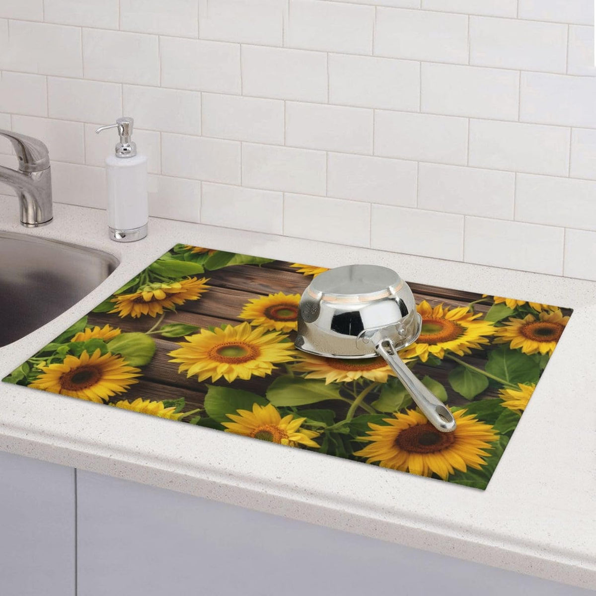 Sunflower Dish Drying Mat for Kitchen Counter Protector and Decoration Super Absorbent Double Sided