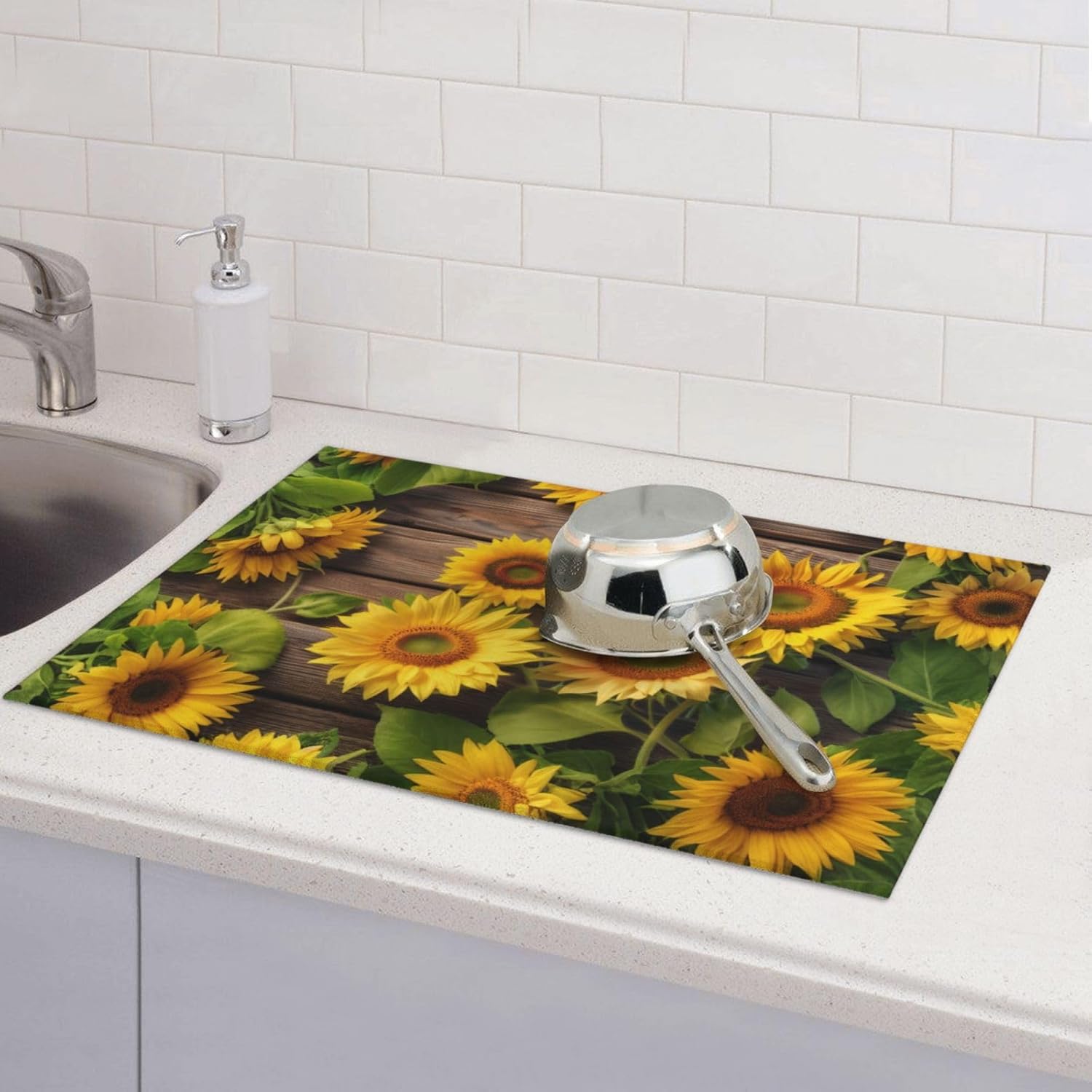 Sunflower Dish Drying Mat for Kitchen Counter Protector and Decoration Super Absorbent Double Sided