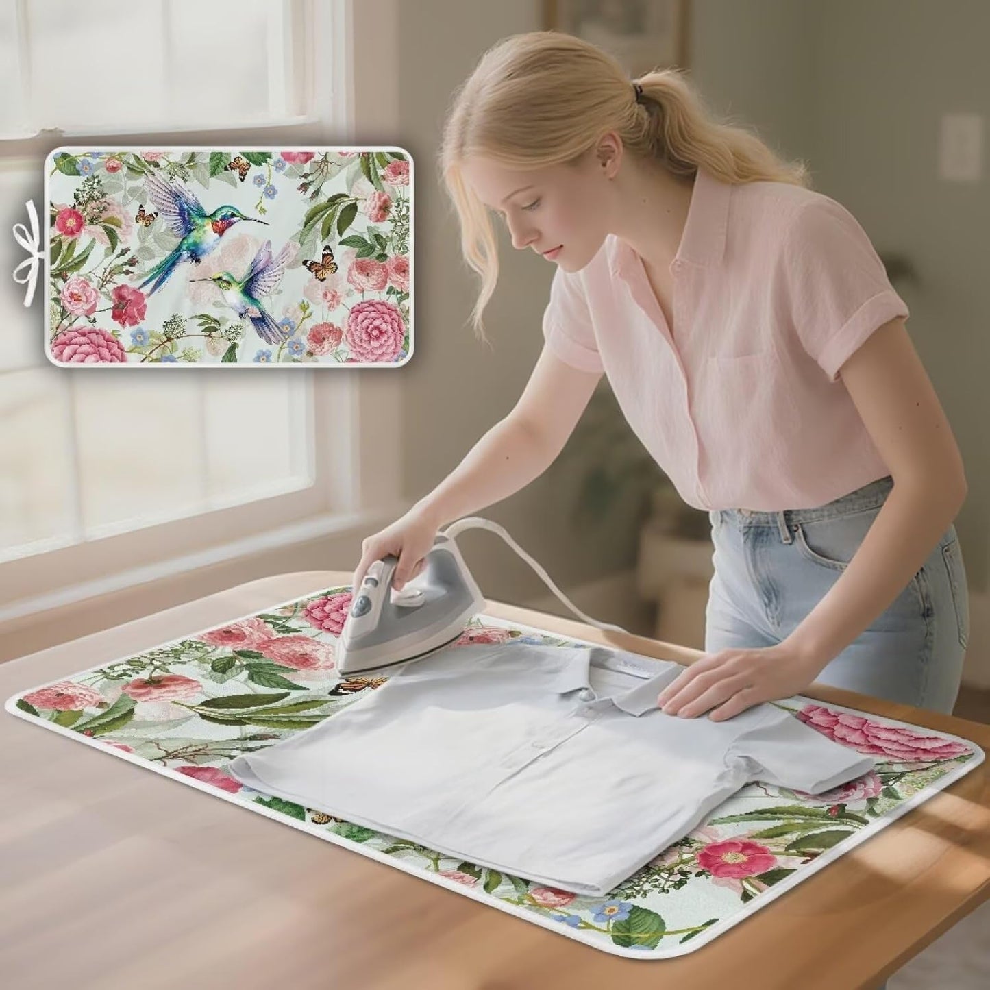 Ironing Mat Foldable Ironing Pad Portable Board Iron Board Alternative Cover,Hummingbird Floral
