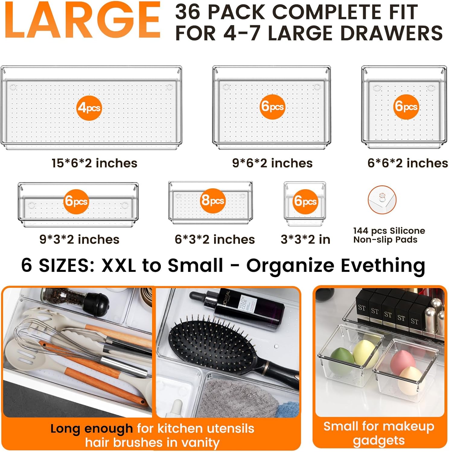 Criusia 36 Pack Large Clear Plastic Drawer Organizer Bins - 6 Size Acrylic Kitchen Drawer
