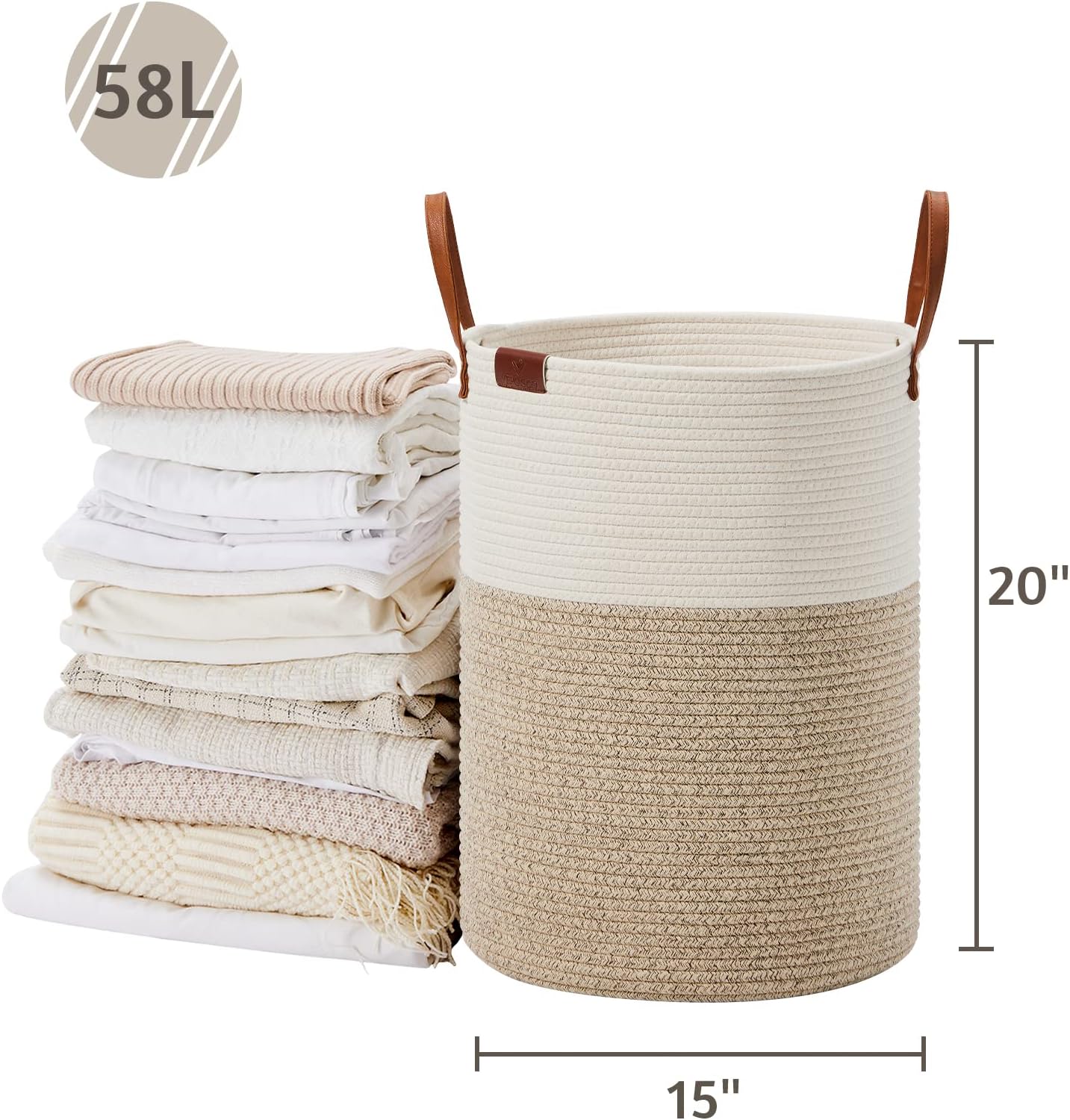 VIPOSCO Tall Laundry Basket, Large Dirty Clothes Hamper with Leather Handle, Woven Rope Storage
