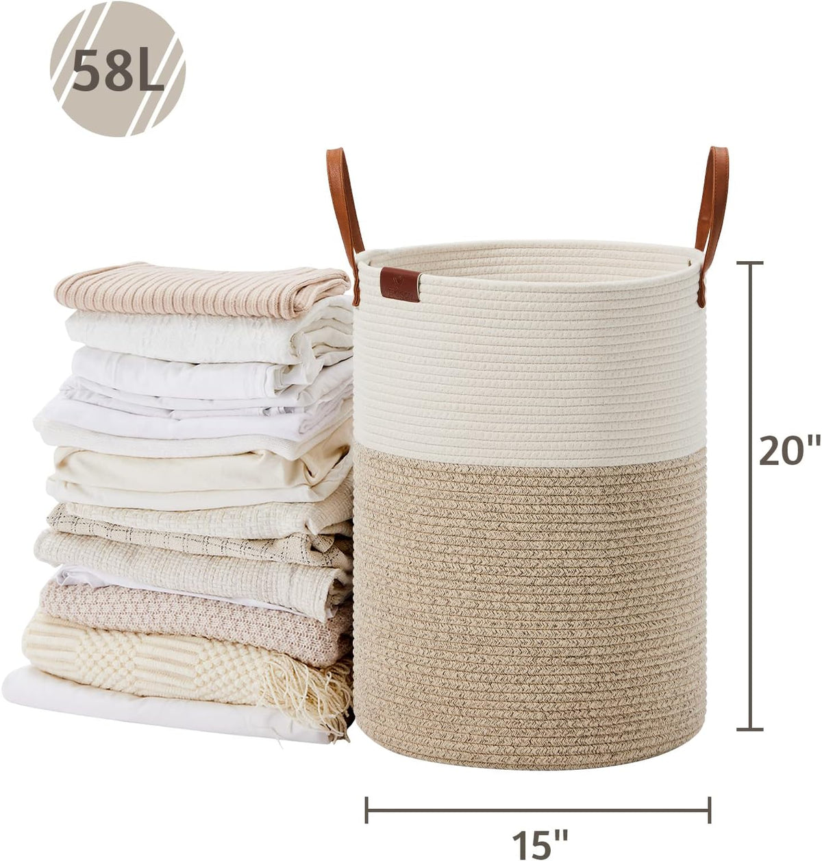 VIPOSCO Tall Laundry Basket, Large Dirty Clothes Hamper with Leather Handle, Woven Rope Storage