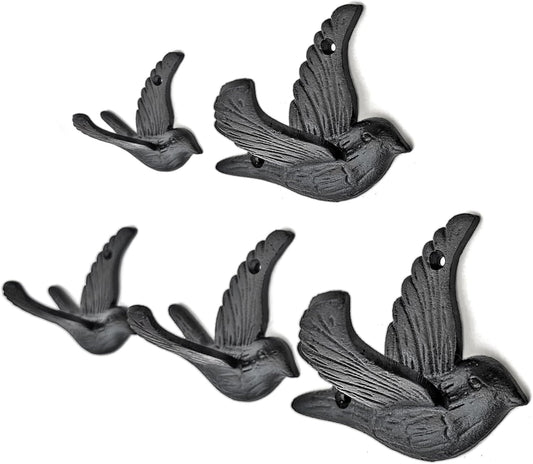 Ambipolar 5-Pack Bird Flying Style Coat Hooks, Vintage Black Hooks for Coats, Hats, and More