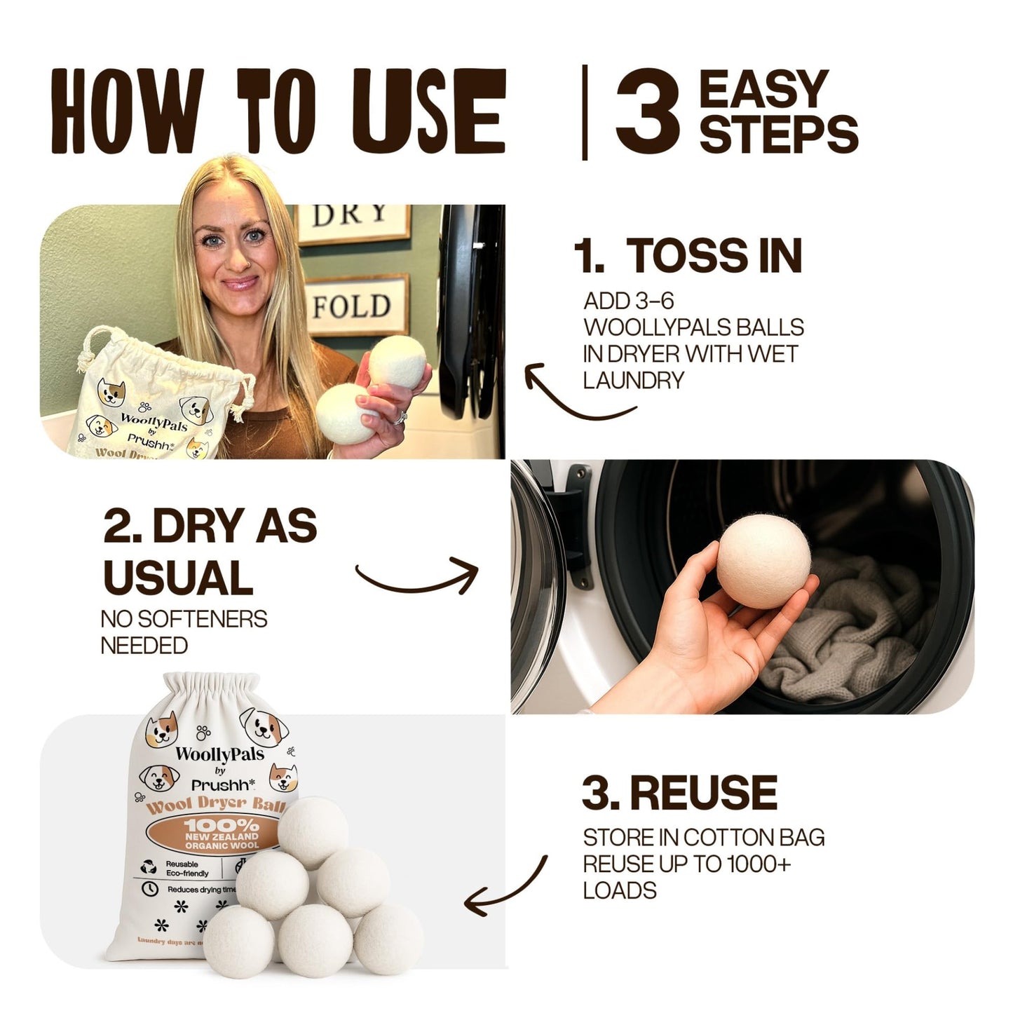 WoollyPals Dryer Balls (6-Pack, XL Size) - 100% New Zealand Wool - No More Dryer Sheets - Eco Dryer