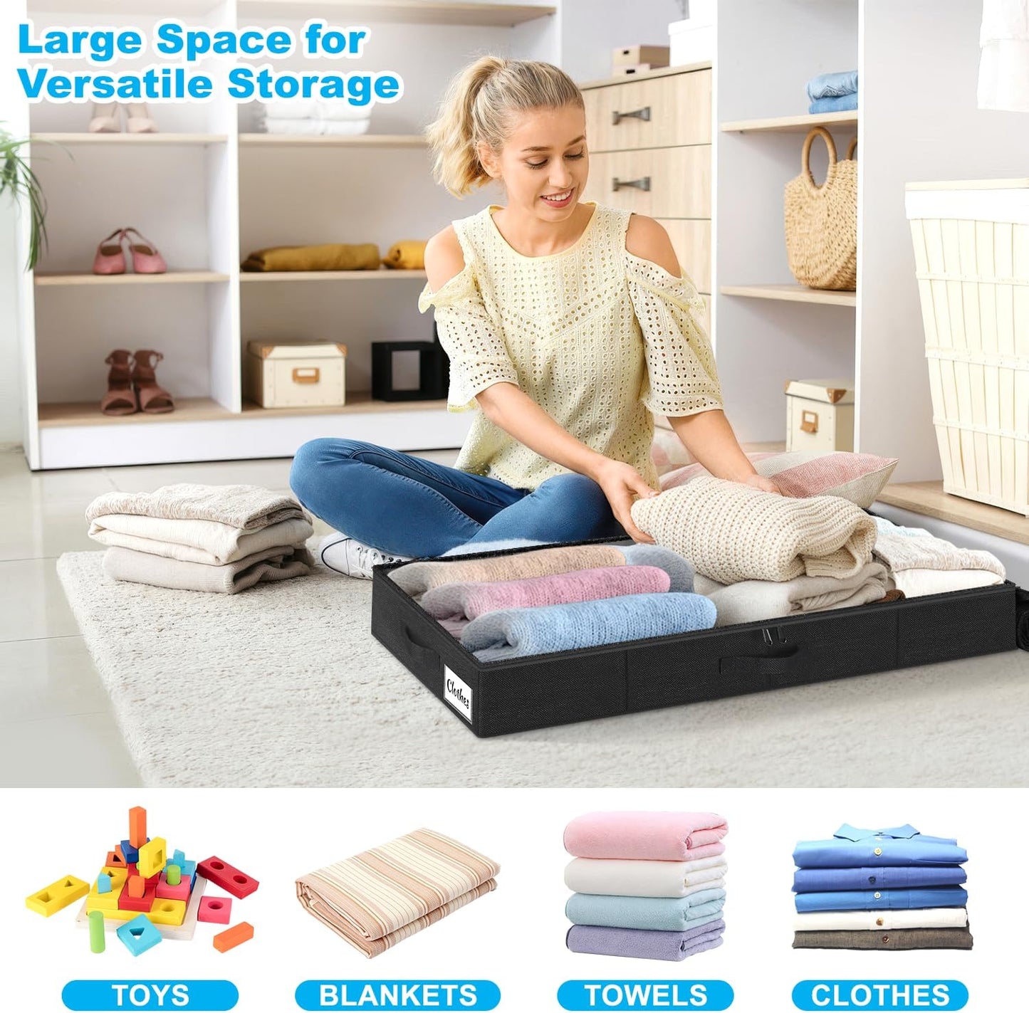 Under Bed Storage Container Bin 4 Pack, 4.5 Inch Slim Low Profile Underbed Clothes Storage