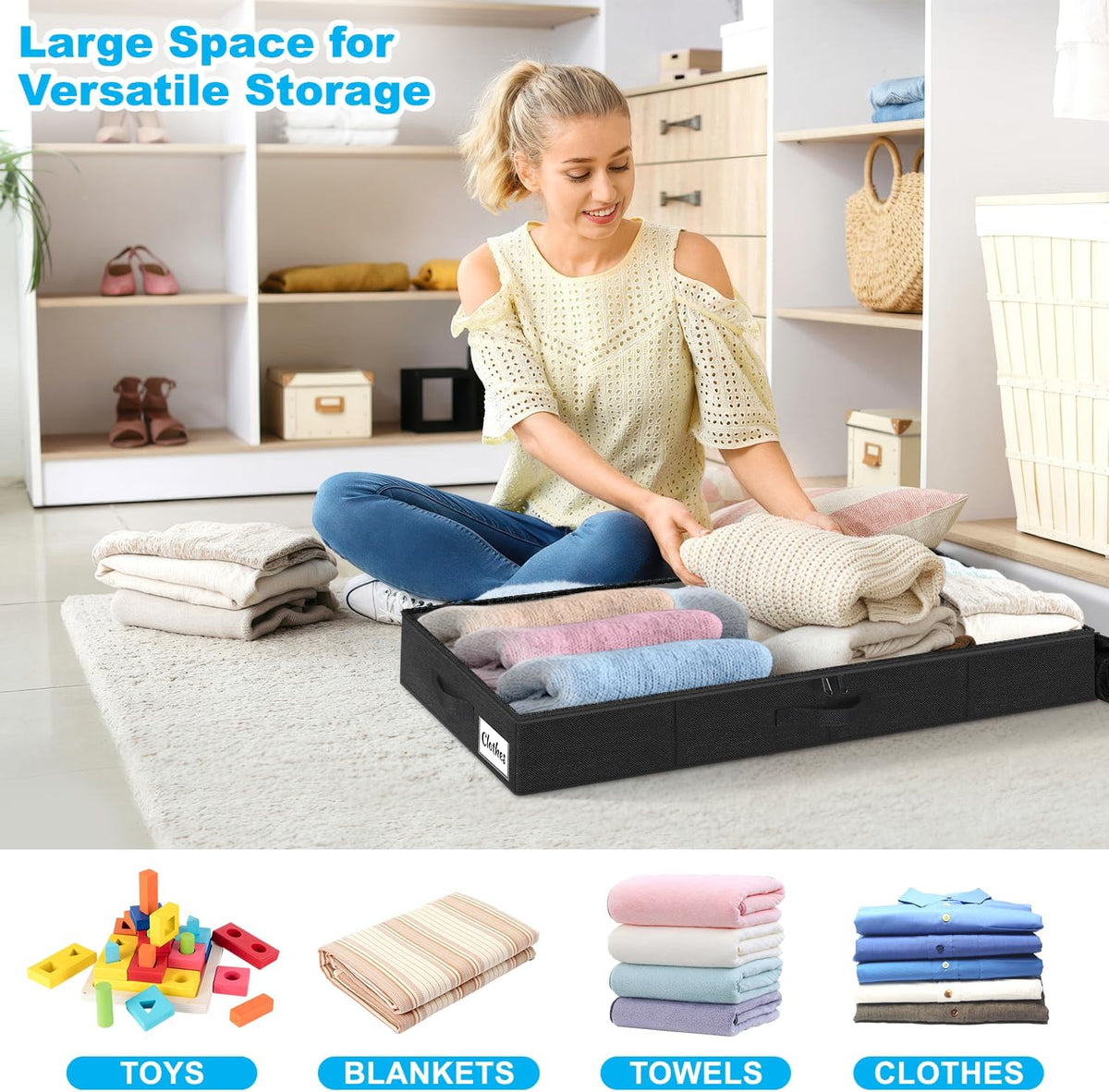 Under Bed Storage Container Bin 4 Pack, 4.5 Inch Slim Low Profile Underbed Clothes Storage