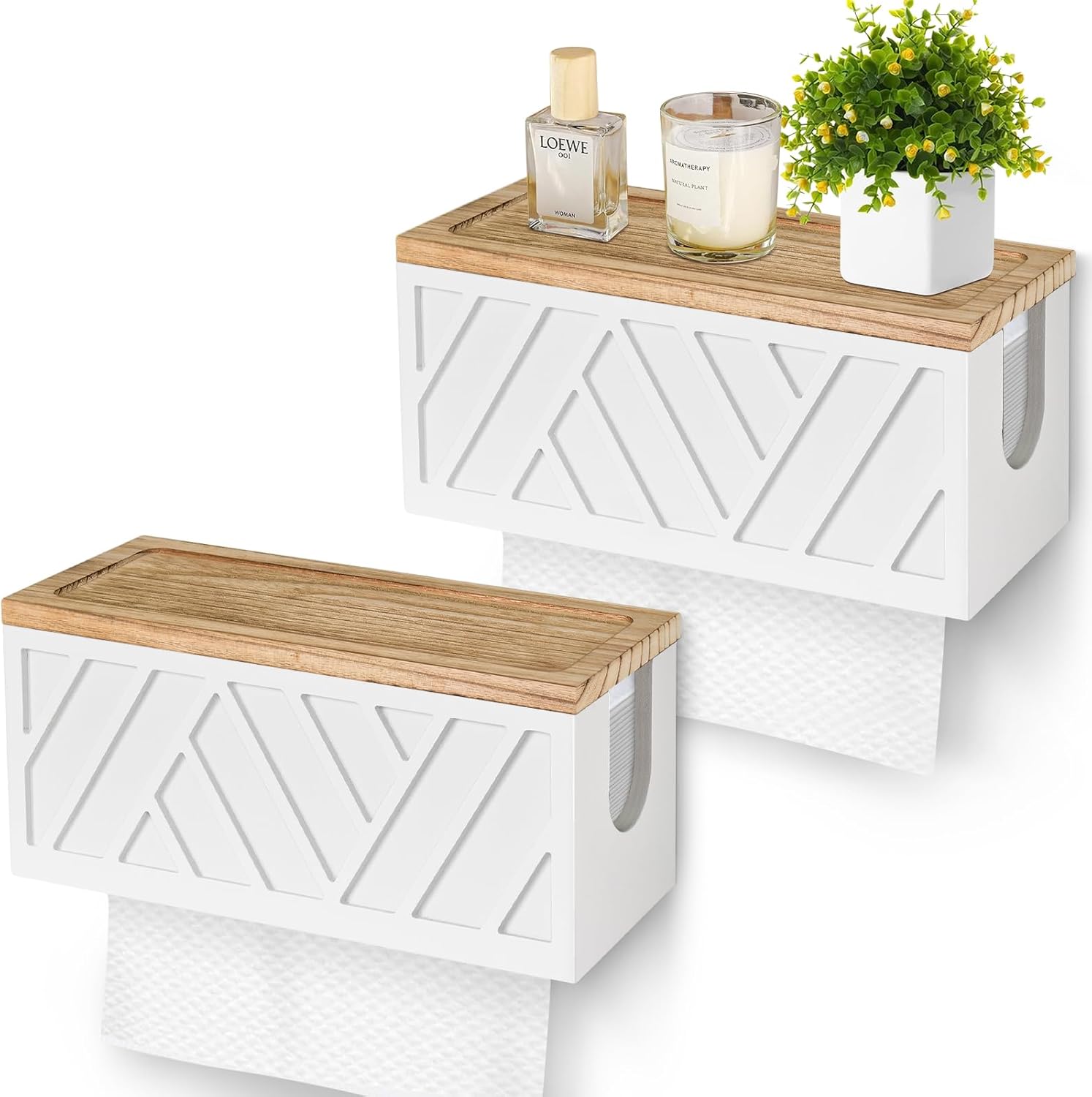 Set of 2 Paper Towel Dispenser Wall Mount, Paper Towel Holder Wall Mounted with Lid, Solid Wood