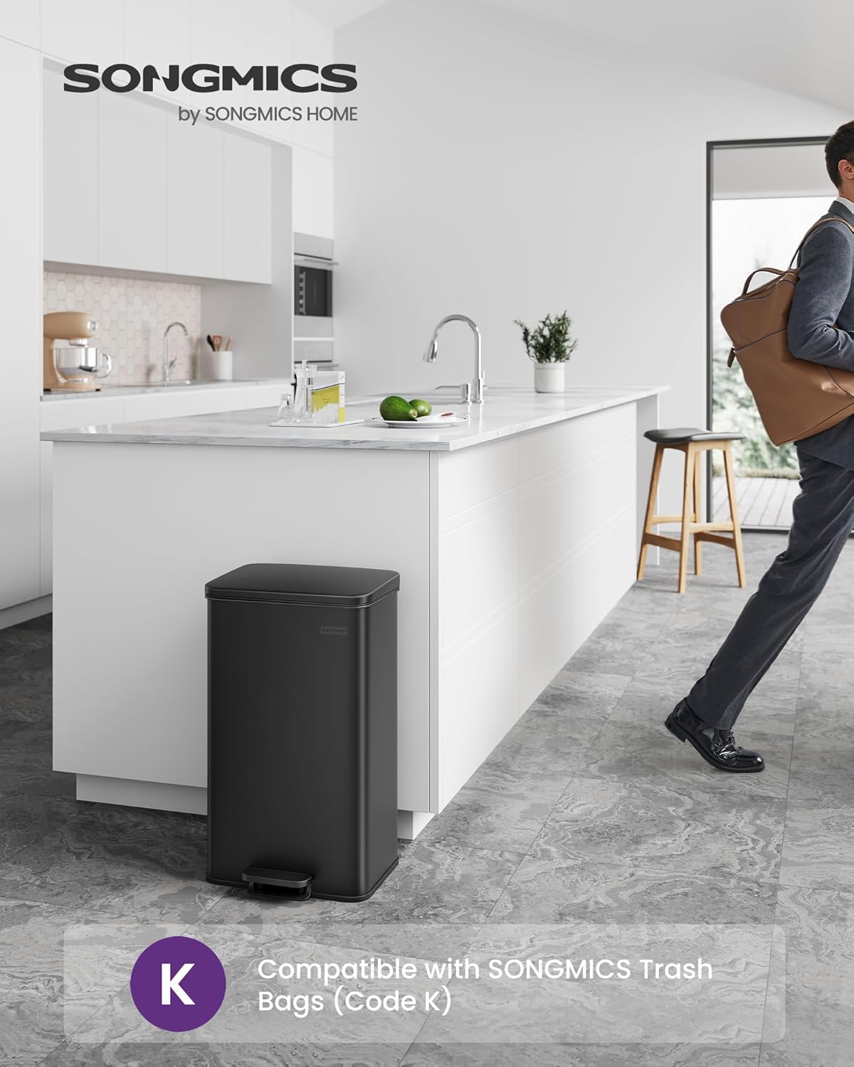 SONGMICS Kitchen Trash Can, 10.5 Gallon (40 L) Garbage Can, Large Step Trash Bin with Lid
