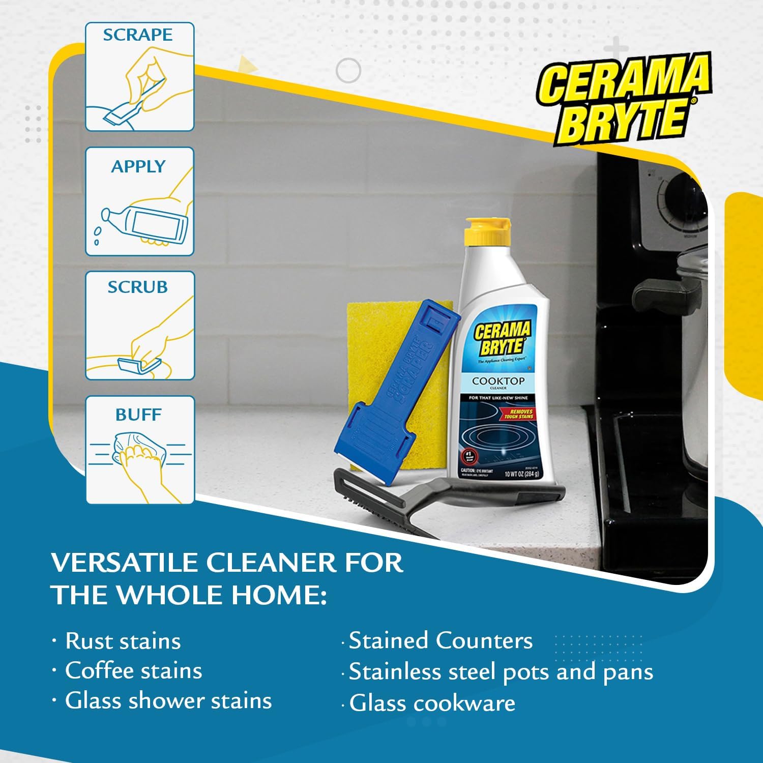 Cerama Bryte Glass Cooktop and Stove Top Cleaner Combo Kit - Includes Cleaning Tool, Razor, Scraper