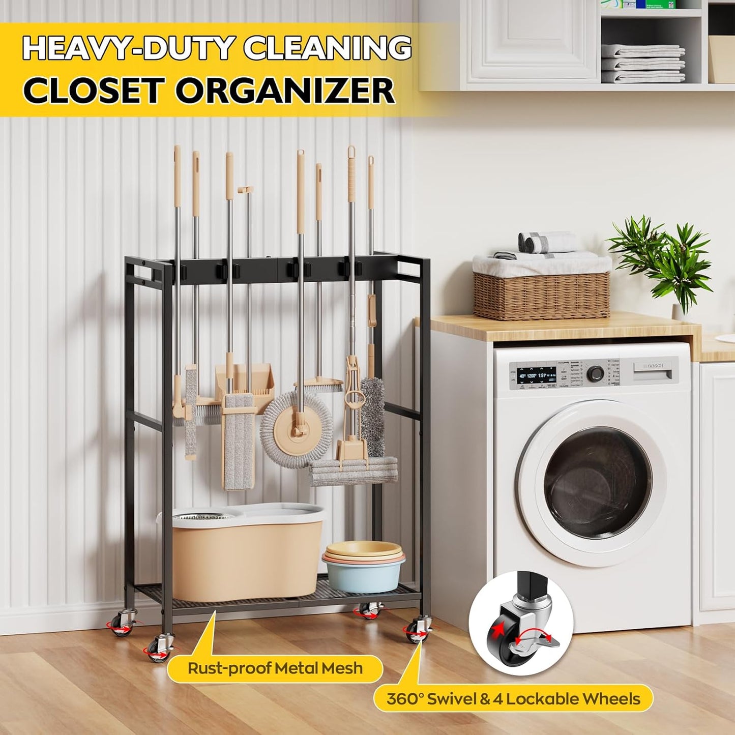 BORISI Broom And Mop Holder, Movable Broom Closet Storage Cabinet, Cleaning Cart with Mop Hanger