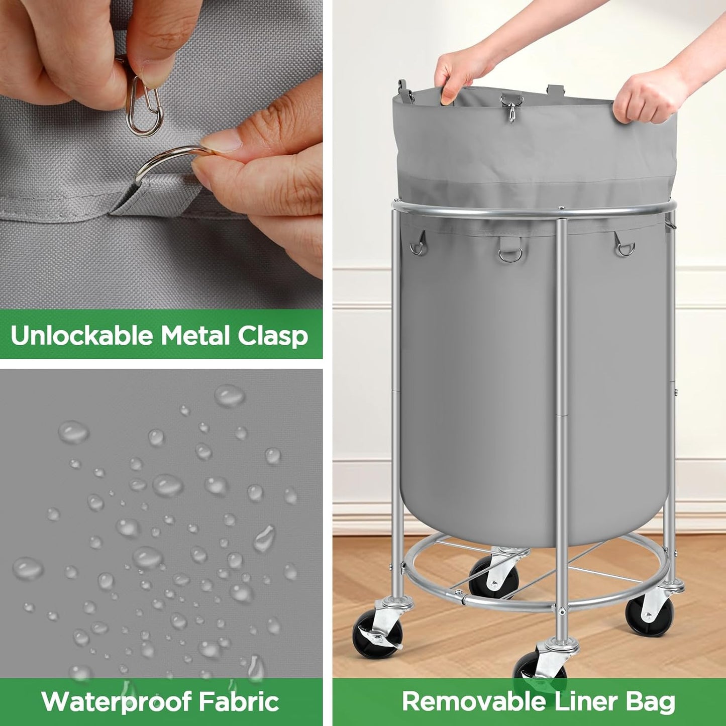 Laundry Hamper with Wheels, 100L Round Rolling Laundry Basket Sorter with Removable Bag, Clothes