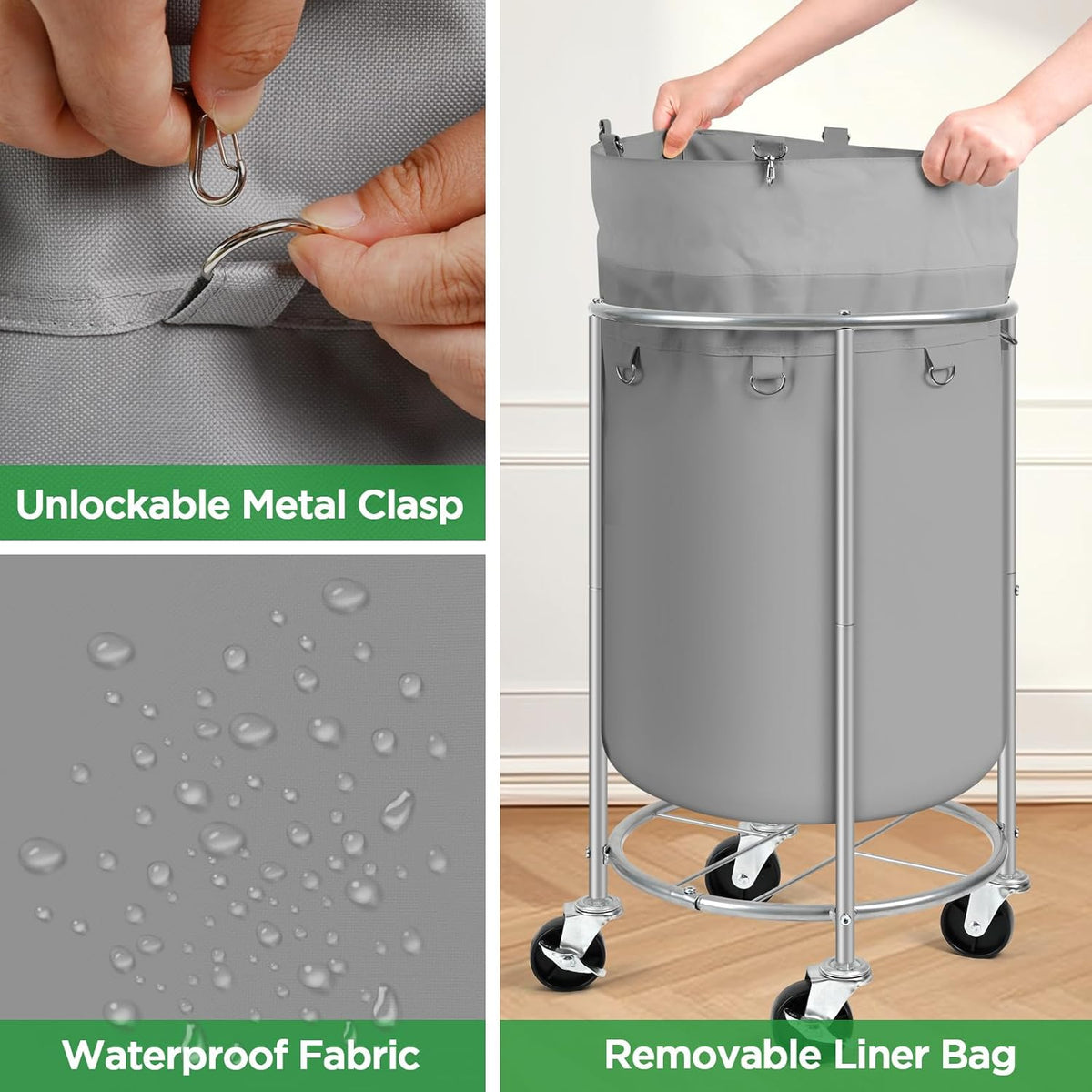 Laundry Hamper with Wheels, 100L Round Rolling Laundry Basket Sorter with Removable Bag, Clothes