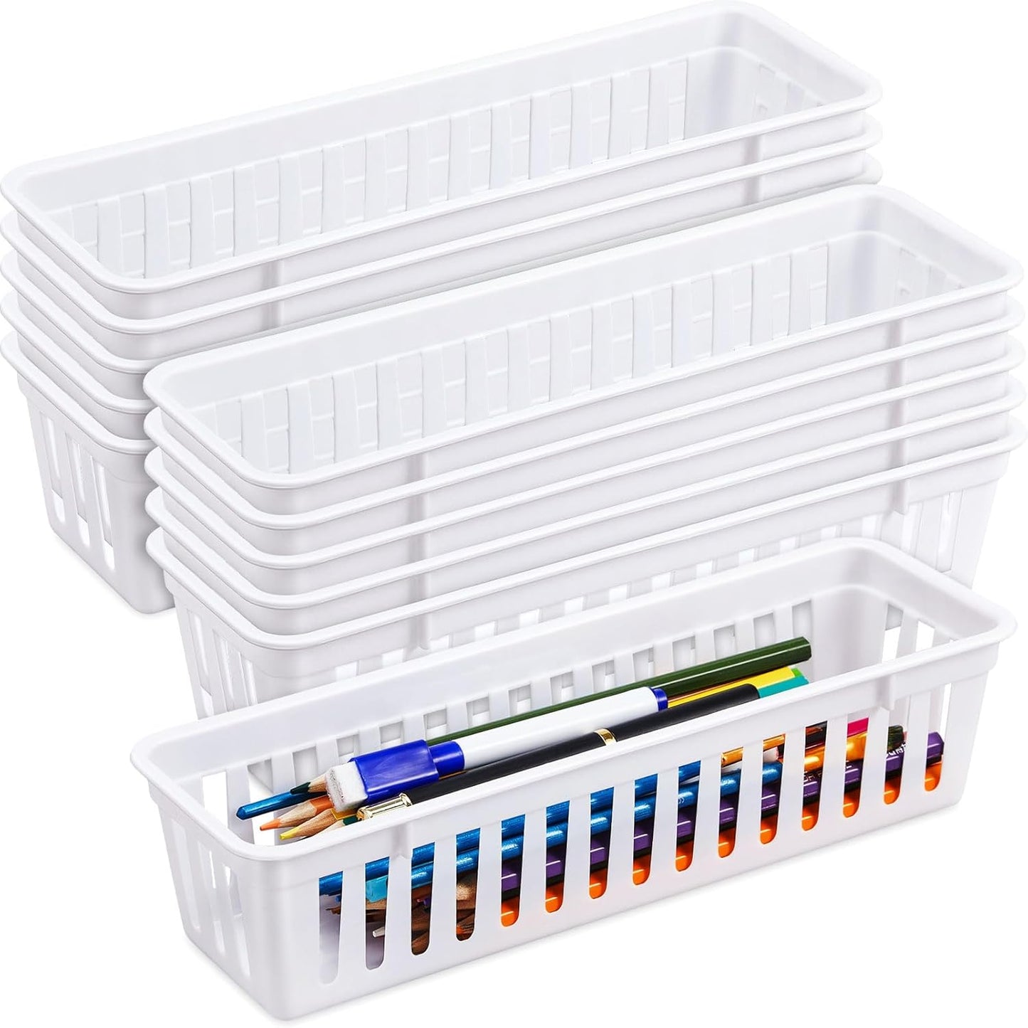 Domensi 12 Pack Slim Plastic Storage Baskets Tray for Organizing 10.25 x 3.25 x 2.5 Inch Small