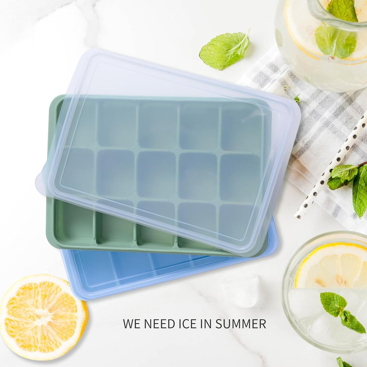 Ice Cube Trays Set of 2, Easy Release 15 Flexible Silicone Ice Cube Molds with Removable Lid