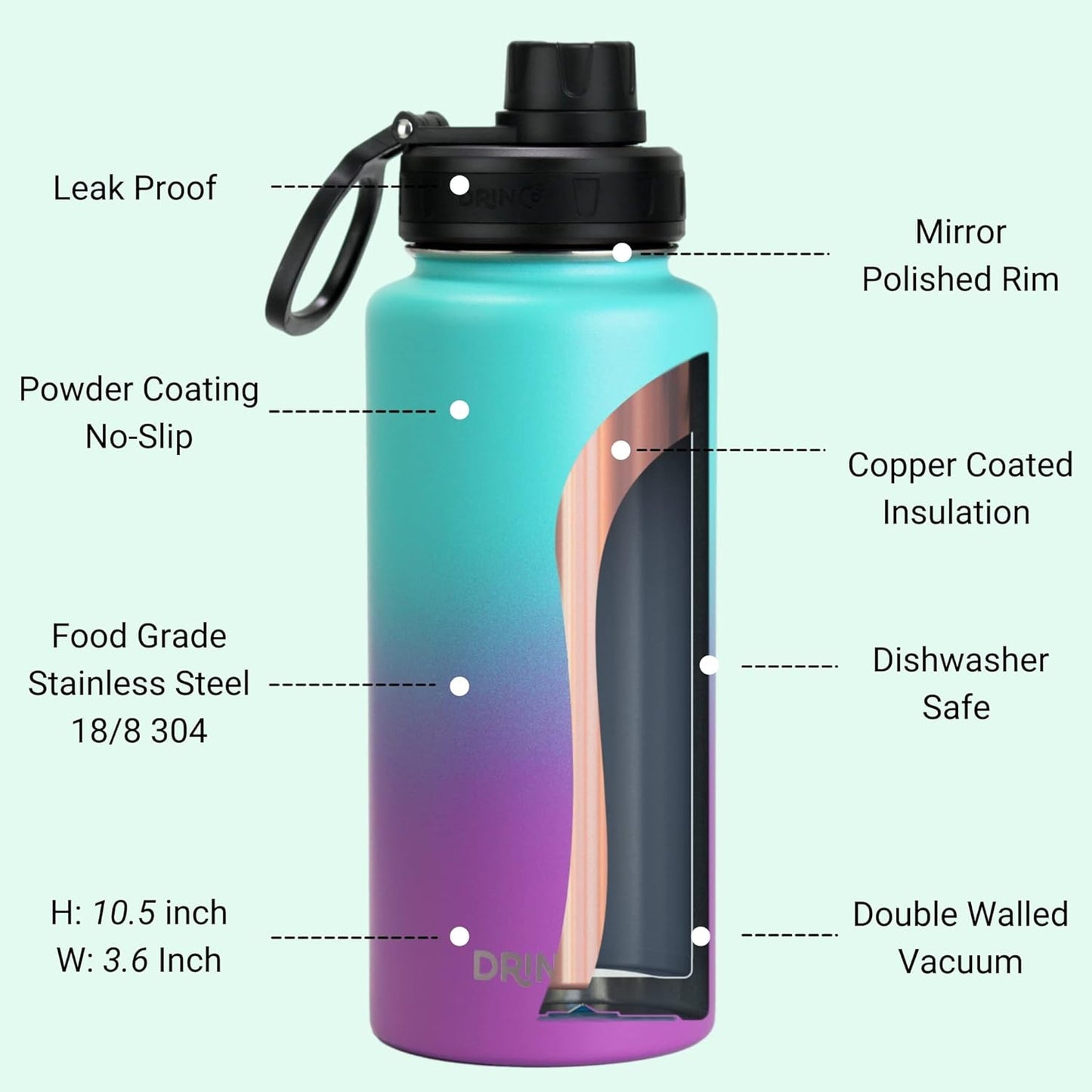 DRINCO Stainless Steel Water Bottle Spout Lid Vacuum Insulated Double Wall Water Bottle Wide Mouth