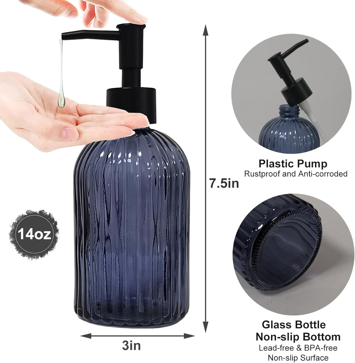 Glass Soap Dispenser with Black Plastic Pump, 13.5oz Refillable Hand Soap Dispenser for Kitchen