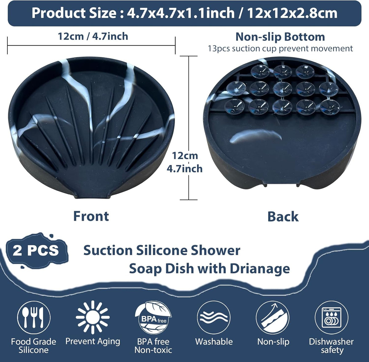 Self Draining Soap Dish, Silicone Suction Cup Soap Holder Tray Savers Container Sponge Holder for