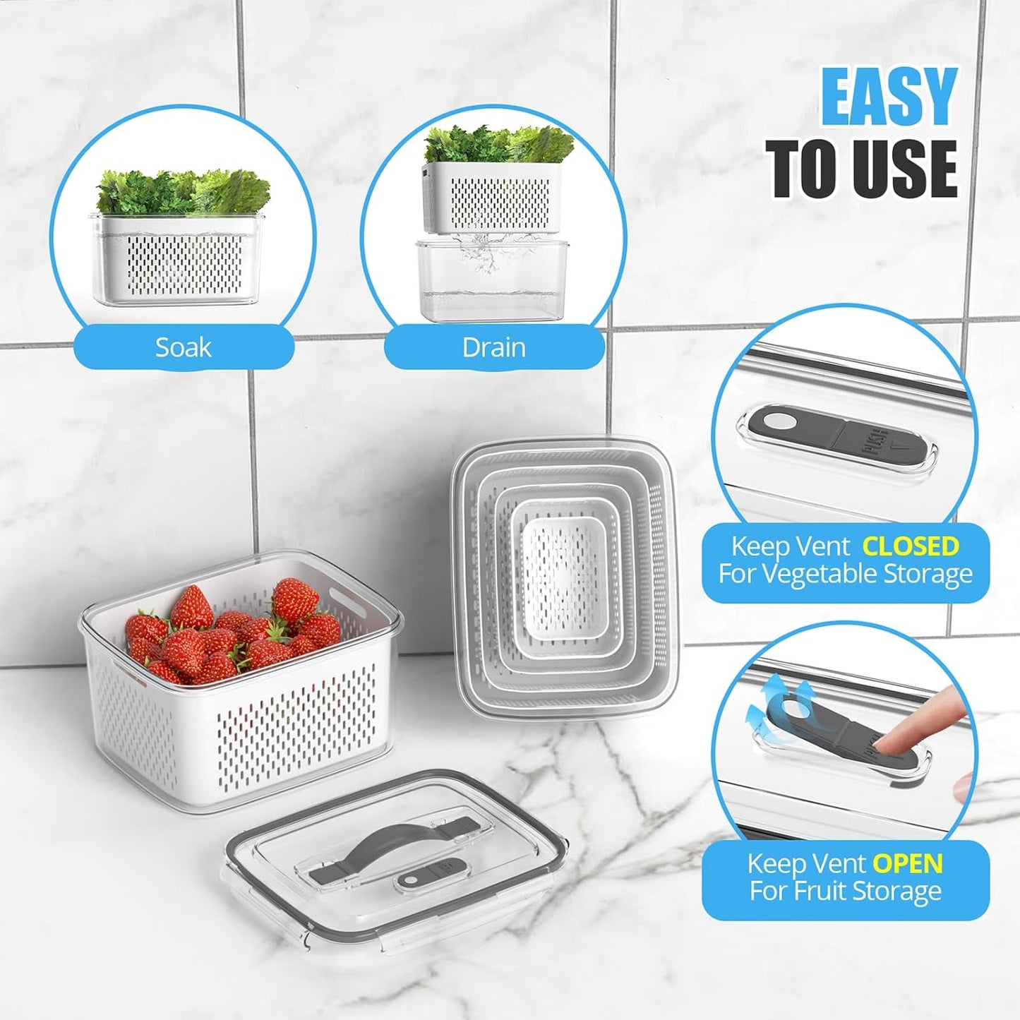 5 Pack Fruit Storage Containers for Fridge - Clear Berry Containers with Colander, Airtight Fridge