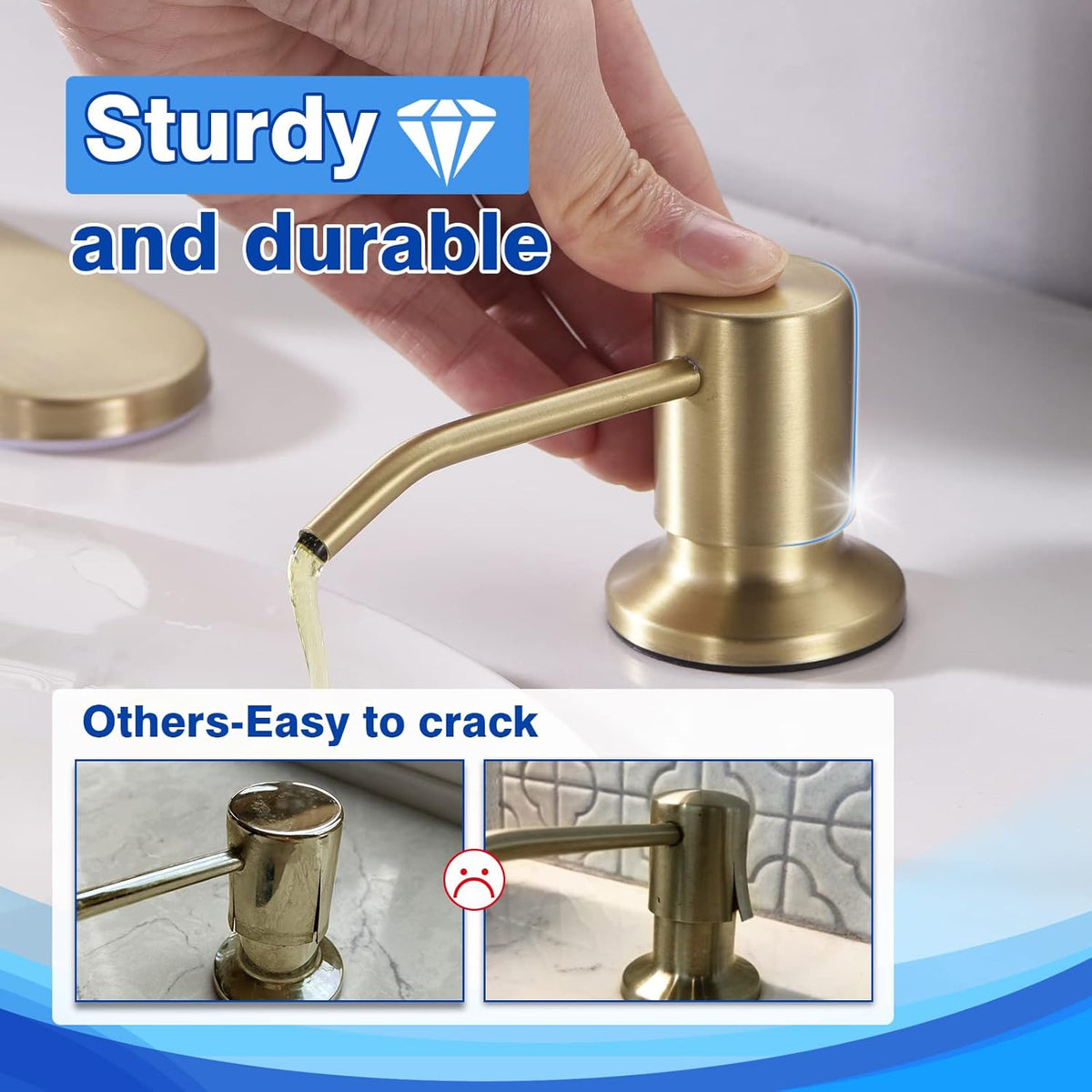Gold Soap Dispenser for Kitchen Sink, WEWE Brushed Gold Soap Dispenser with Long Spout and Gold