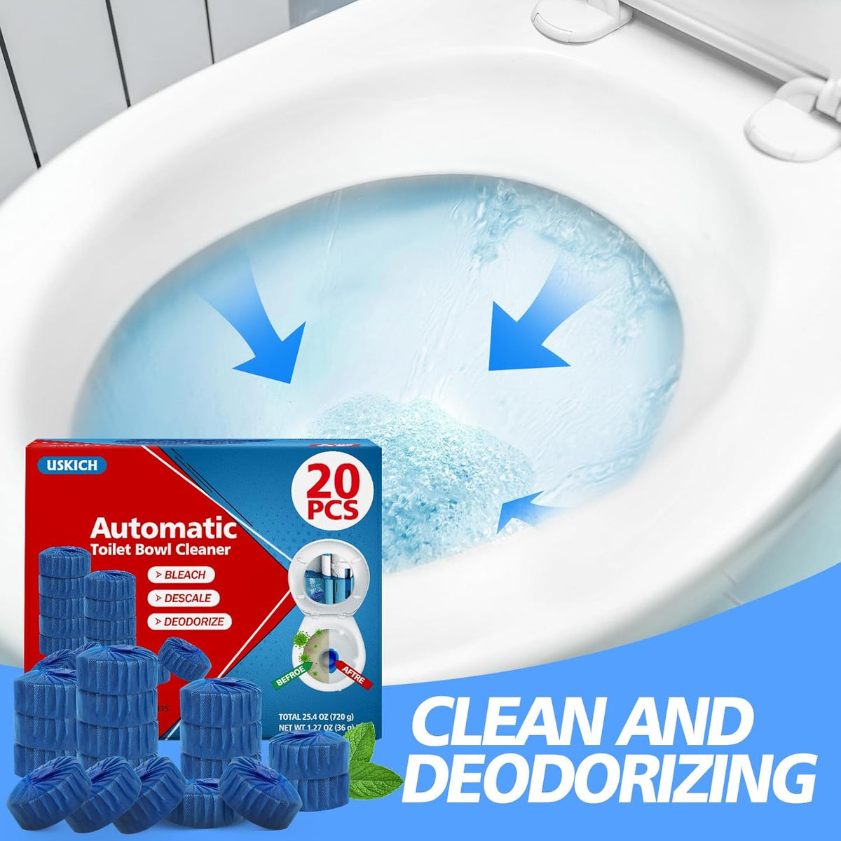 USKICH 20 Pack Toilet Bowl Cleaner Tablets,Blue Automatic Toilet Tank Cleaners, Long-Lasting