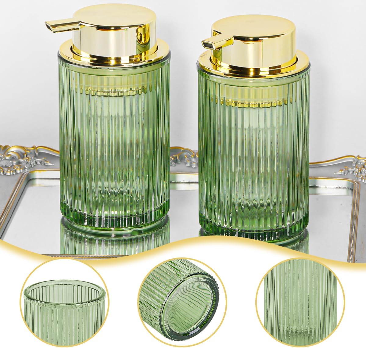 Green Foaming Soap Dispenser, 12 Oz Glass Foaming Hand Soap Dispenser with Gold Pump, Bathroom