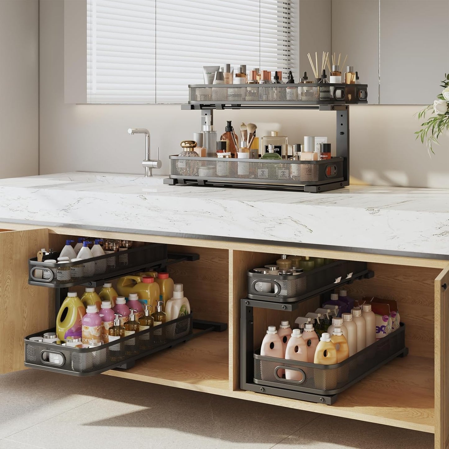 2 Pack 21.3IN-Depth Under Sink Organizer with Smooth Cylindrical Rail,2-Tier Pull Out Multi-Purpose