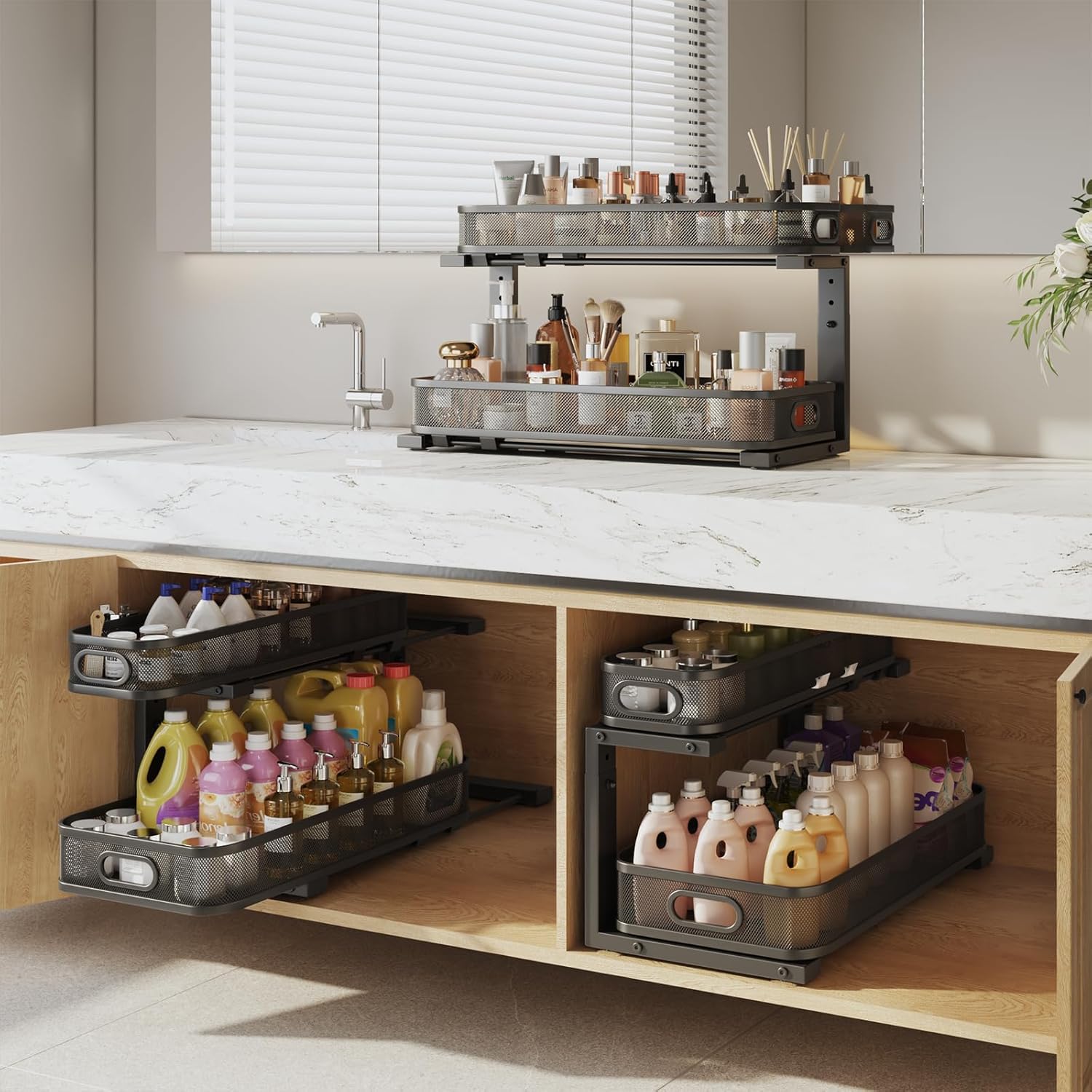 2 Pack 21.3IN-Depth Under Sink Organizer with Smooth Cylindrical Rail,2-Tier Pull Out Multi-Purpose