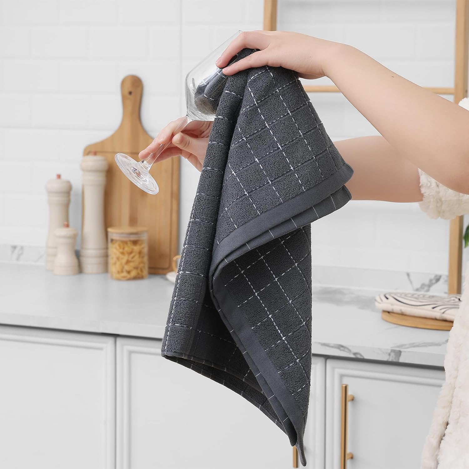 Homaxy 100% Cotton Terry Kitchen Towels(Dark Grey, 20 x 28 inches), Checkered Designed, Soft and