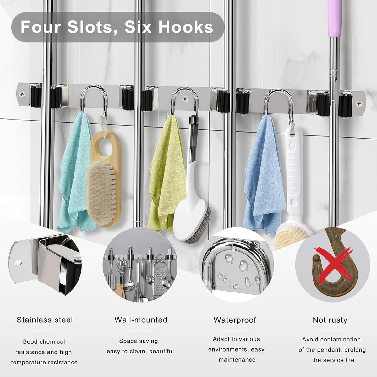 Mop Broom Holder Wall Mount, Silver Stainless Steel Tool Storage Organizer for Kitchen Garden