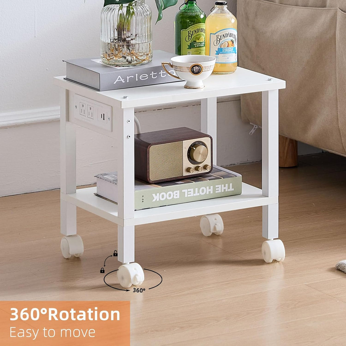 Lerliuo Under Desk Printer Stand with Charging Station, 2 Tier Wooden Small Printer Table with
