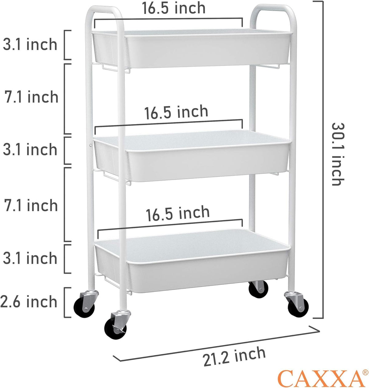 CAXXA 3-Tier Rolling Metal Storage Organizer - Mobile Utility Cart Kitchen Cart with Caster Wheels